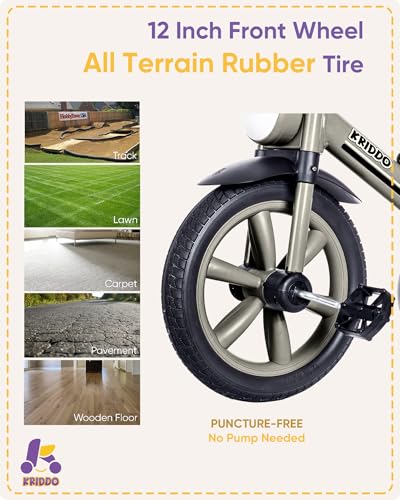 Image of KRIDDO Kids Tricycles Age 2 Years to 5 Years, 12 Inch Puncture Free Rubber Wheel w Front Light, Kids Trike for 2.5 to 5 Year Old, Gift Toddler Tricycles for 2-5 Year Olds, Trikes for Toddlers, Grey