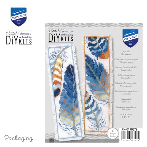 Image of Vervaco Cross Stitch Bookmark Kit Blue Feathers (Set of 2) 2.4 inch x 8 inch