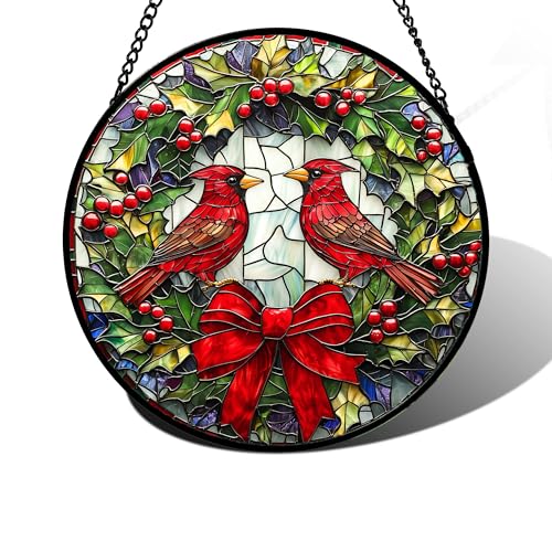 Image of DASTOLL Stained Glass Window Hanging - Cardinals Green Wreath Suncatcher for Doors Home Christmas Decoration Red Bird Sun Catcher Thanksgiving New Year Birthday Gift for Women Men Mom Nana 9.8 in