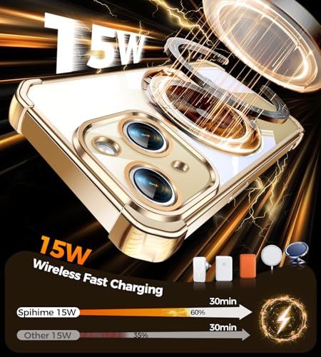 Image of Soft Case for iPhone 15 with 360 Rotating Magnetic Stand, Compatible with Mag-Safe, 4X MIL-Drop Protection, Lightweight Glossy Anti-Yellowing Clear Back Phone Cover for iPhone 15 6.1 inch, Gold