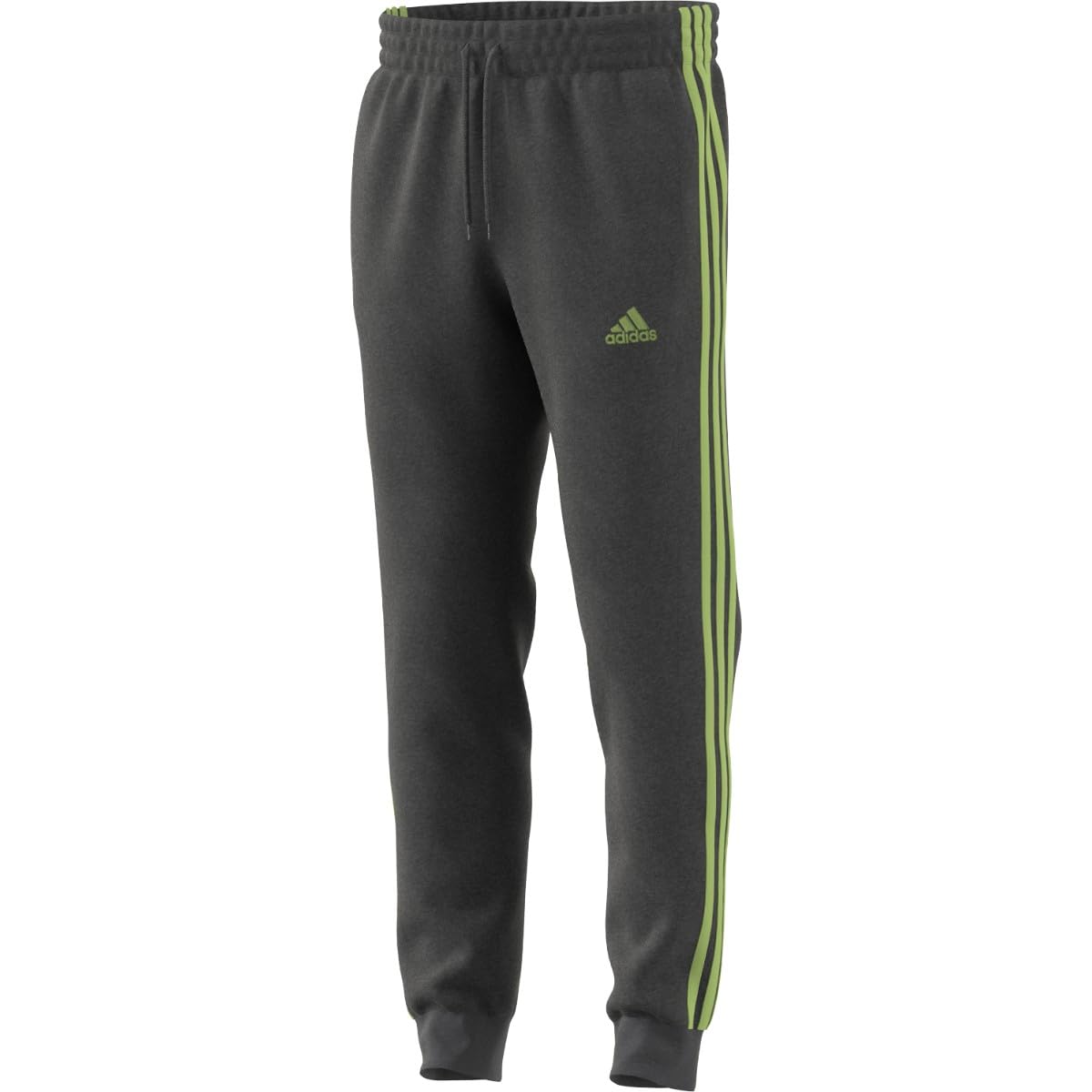 Photo 1 of adidas Men's Essentials Fleece Tapered Cuff 3-Stripes Pants small Dark Grey Heather/Pulse Lime