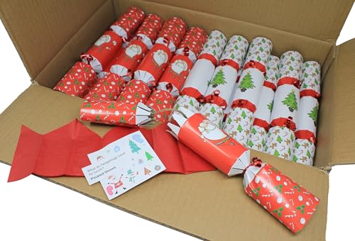 Bright Ideas Christmas Catering Crackers Box of 50 10 Inch Crackers for Tableware Tree and Santa Festive Design With Sticker Party Hat and Joke. BI0601.