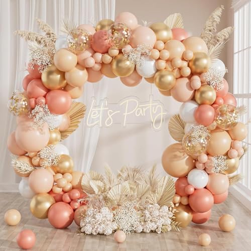 Arco de globos de oro rosa, 113 guirnaldas de globos rosa y naranja con globos de confeti de color naranja pastel naranja nude perla blanca y oro rosa para cumpleaños, baby shower, decoración de
