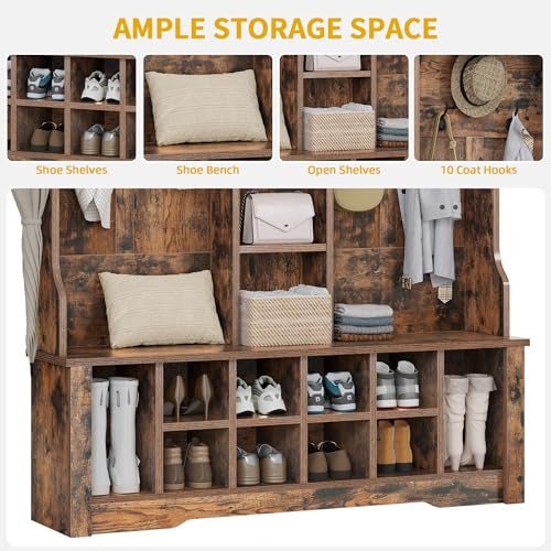 DWVO 59" Wide Hall Tree with Bench and Storage for Hallway Entryway, 10 Shoe Cubbies & 10 Coat Hooks, 4-Tier of Center Storage Open Cabinets, Coat Rack with Space for Bedchamber Living Room (Brown)