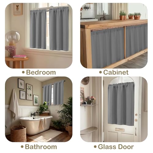 Image of Grey Blackout Curtains for Small Window Treatment, Light Blocking Short Kitchen Window Curtains Over Sink, Dual Rod Pocket Half Window Tiers for Bathroom Basement, 2x40Wx36L Inches