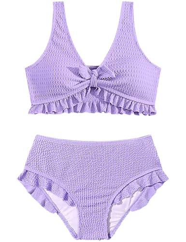 Image of Girls Swimsuit Girls Bathing Suit Size 8-10 Two Piece Textured Knot Front Bikini Set Ruffle Trim V Neck Girls' Swimwear Solid Color Bathing Suits for Girls Size 9-10 Purple
