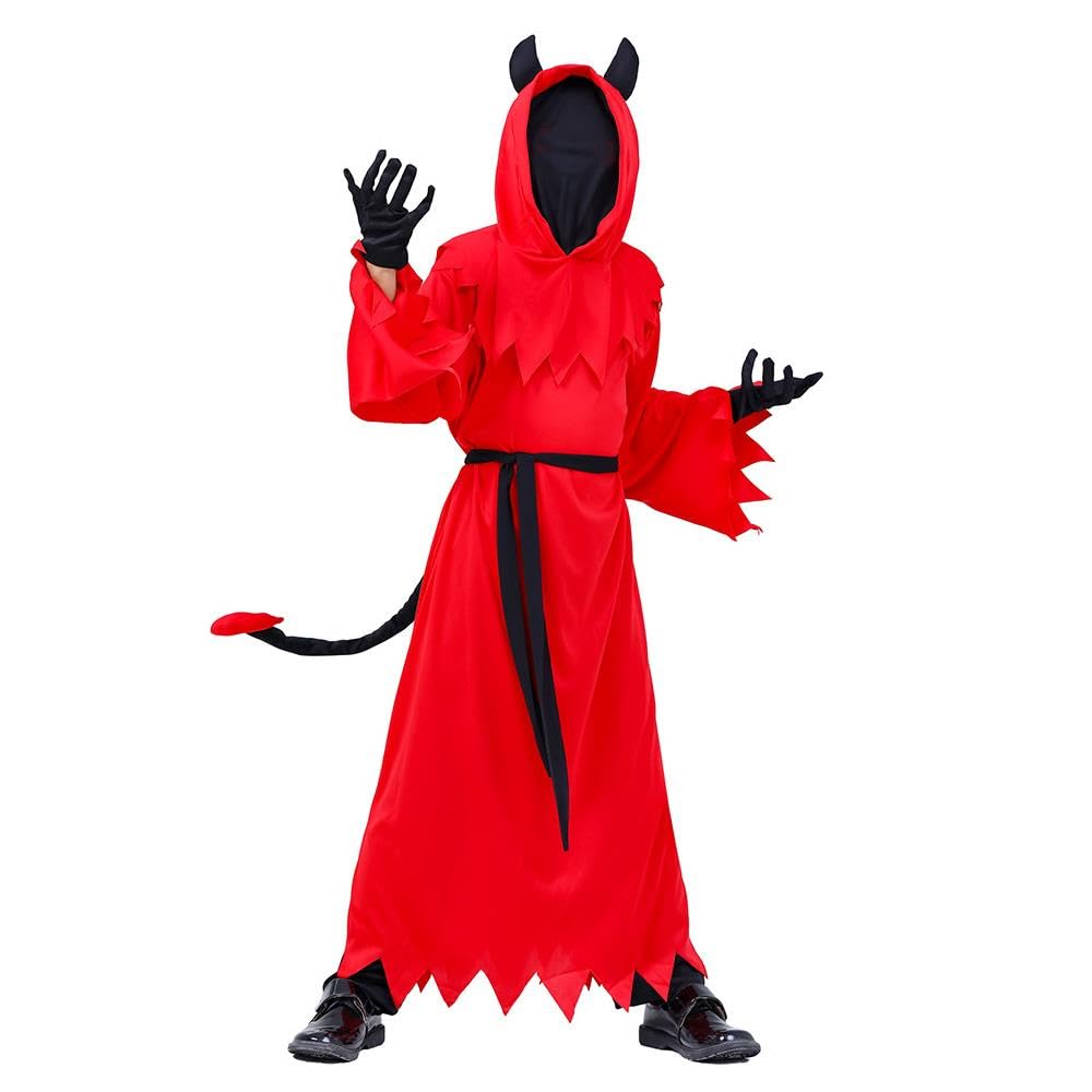 Lito Angels Red Devil Fancy Dress Up Set Halloween Costume with Mask, Demon Horns and Tail for Kids Boys Age 10-12 Years, L - Image 3
