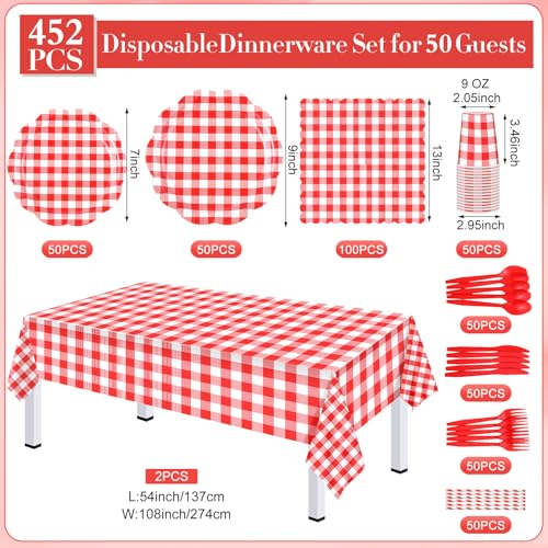 Image of Funnymoom 452 Pcs Red Gingham Party Supplies for 50, Red and White Gingham Checkered Paper Plates Napkins Cups Tablecloth Cutlery Straws for Birthday Family Picnic Camping Barbecue Party Decoration