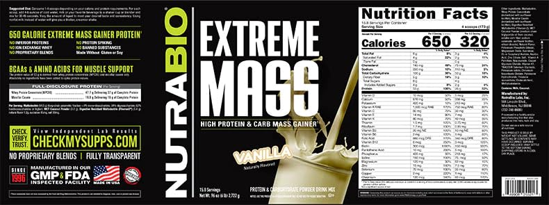nutrabio extreme mass gainer protein powder 53g protein clean weight gainer increase muscle mass full spectrum amino acid - vanilla 6 pound