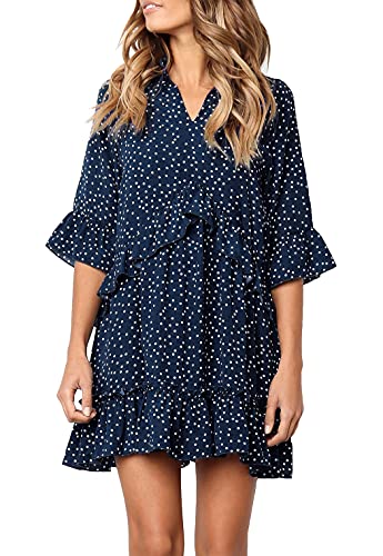 MITILLY Women s V Neck Ruffle Polka Dot Pocket Loose Swing Casual Short T-Shirt Dress Large Dark Blue
