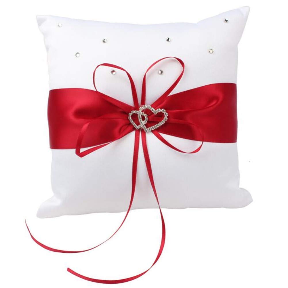 Venus valink Wedding Ring Pillow, 20x20cm Wedding Satin Ring Cushion Pillow Bowknot Pillow w/Rhinestones Ribbon Double Heart Sofa Pillow Bride Brigegroom Wedding Decoration Party Props Favor Supplies