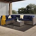 LOUVIXA 7 Piece Outdoor Patio Furniture Set, Outdoor Sectional Furniture, Rattan Chairs Glass Table Wicker Conversation Seating Sectional Sofa with Cushions (A-Brown-Navy, A-Straight Back)