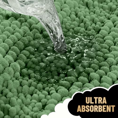 Image of OLANLY Thick Bathroom Runner Rugs 44x24, Extra Absorbent Chenille Striped Bath Rugs, Rubber Backing, Machine Wash Dry, Long Bath Mats for Bathroom, Tub and Shower, Home Decor Accessories, Olive Green