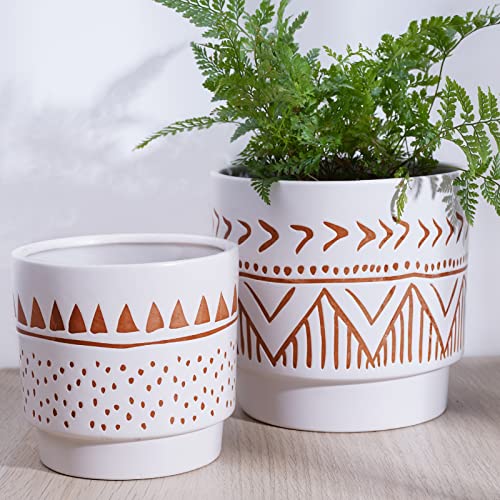 Geometric-Ceramic-Planters-6-Inch-Hand-Painted-Ceramic-Embossed-Plant-Pots-with-Drainage-Holes-2-Set-Boho-Minimalistic-Planters-for-Indoor-and-Outdoor-PlantsBeige-Brown