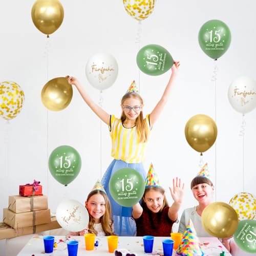 Luftballons 15 Jahre Geburtstag, 30 Stück Deko 15. Geburtstage Junge Mädchen, 15 Alles Gute zum Geburtstag Ballons, Salbeigrüne Gold 15. Geburtstagsdeko, 15th Birthday Konfetti Ballon Party