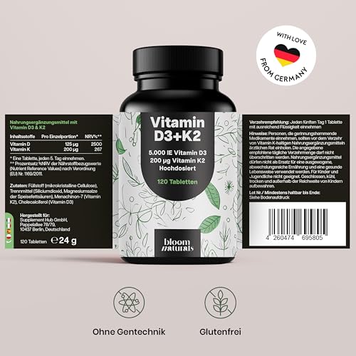 Vitamin D3 K2 hochdosiert – 120 Tabletten mit 5000 IE D3 & 200 µg K2 – 99,7+% All-Trans K2-MK7 - Vitamin D - produziert in Deutschland - Verpackung kann variieren