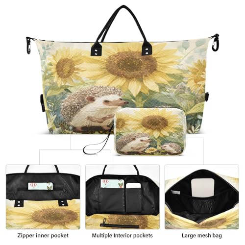 Weekender Bags Travel Duffel Gym Bag Hedgehog Family Gardening under Giant Sunflowers Watercolor Wash Background Mo Willems Line Art S Carry on Overnight Tote Bag with Toiletry Bag for Airplane Tra2