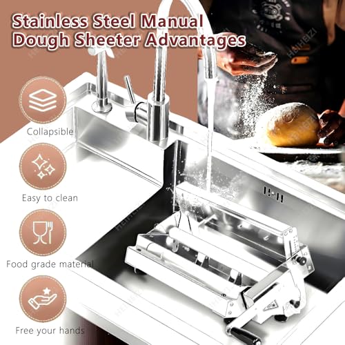 Manueller Teigausstecher 30 cm / 39,9 cm – Edelstahl-Teigroller mit 10 festen Dickeneinstellungen und Mikroeinstellungszifferblättern – ideal für Gebäck, Fondant, Croissants, Pizza