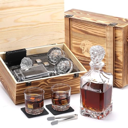 LUSKEYCOR Whiskey Decanter Set with Wooden Box Artistic 25.4 oz Decanter + 2x10 oz Glasses | 304 Stainless Steel Whiskey Stones, Slate Coasters, Tongs & Pouch | Gift for Men, Husband, Dad, Weddings