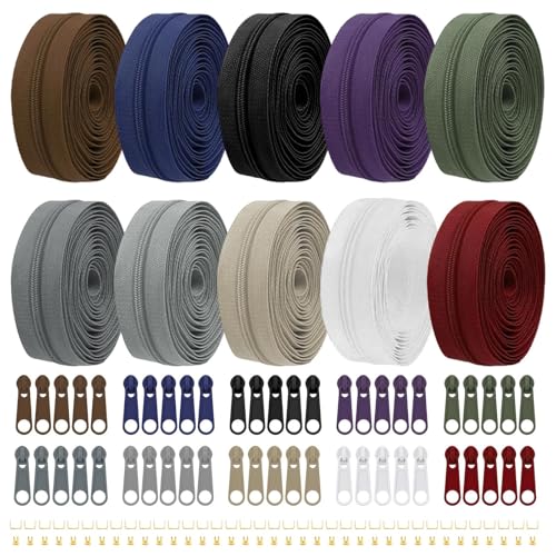 Eulihent 30M 10 Color Zips for Sewing 2.6 mm Zippers Nylon Endless Zip Set with Slider for DIY Sewing Tailor Craft Supplies (Version B)