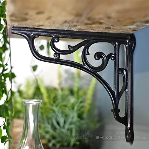 Image of GHAR DWAR Metal Handcrafted Shelf Bracket for Floating Shelves L Angle Decorative L Shaped Corner Brace Joint Heavy Duty Wall Mounted Shelf Supporter Brace Holder (Black, 4.5 Inch Pack of 2)