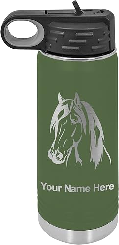 Miniatura 1 de LaserGram Botella de agua de doble pared con tapa abatible de 20 onzas con pajilla, cabeza de caballo 1, grabado personalizado incluido (verde