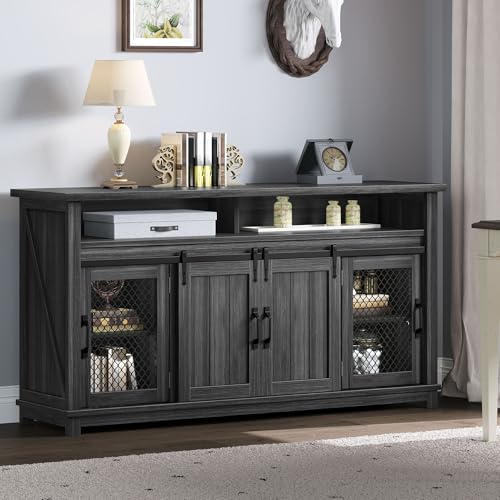 DWVO Farmhouse Sideboard Buffet Cabinet, 63'' Coffee Bar Cabinet with 2 Sliding Barn Doors & 2 Visual Grid Doors, Rustic Storage Cabinets for Kitchen & Living Room, Dark Grey