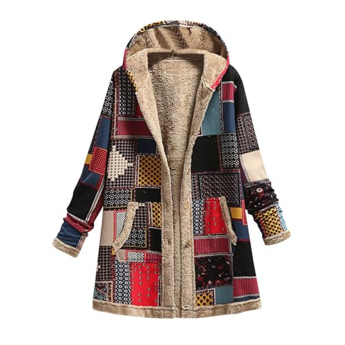 SACFOF Womens Cotton Linen Fluffy Jackets Coats Boho Flowers Floral Print Fleece Lined Hooded Warm Loose Winter Outwear