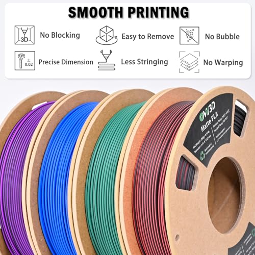 Image of OVV3D Matte PLA 3D Printer Filament Bundle 250g x 4 Spools, Dual Color Filament 1.75mm Pack, Multi Color Change 3D Printing Filament, High Quality Matte Surface, Black - Red, Blue, Green, Purple