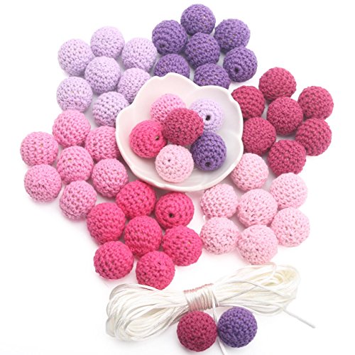 HI BABY MOMENT Beads for Jewelry Making for Kids 50pcs, Crochet Bead Kit DIY Teething Toy Bracelet Teether Ring Knitting Ball, Pink Lilac Series, 20mm