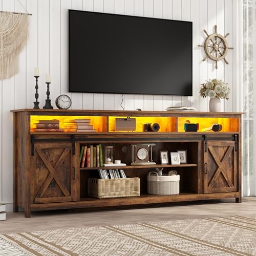 80in Wooden Farmhouse Entertainment Center for 90/85 inch TV,Double Layer Storage Farmhouse TV Stand,Double-Row Sockets with Wood Sliding Barn Door TV Stand(Double Layer Vintage Brown)