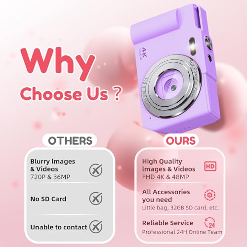 Image of Digital Camera, FHD Digital Point and Shoot Camera with 16X Zoom Anti Shake, 48MP Compact Small Camera with 32GB Card for Boys Girls Kids Purple