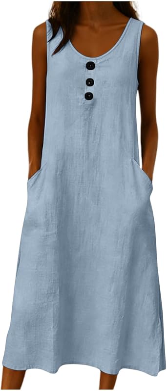 Linen Dresses for Women 2026 Sleeveless Cotton Midi Sundress with Pockets Summer Button Down Scoop Neck Tank Dress