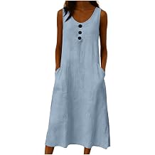 Linen Dresses for Women 2026 Sleeveless Cotton Midi Sundress with Pockets Summer Button Down Scoop Neck Tank Dress