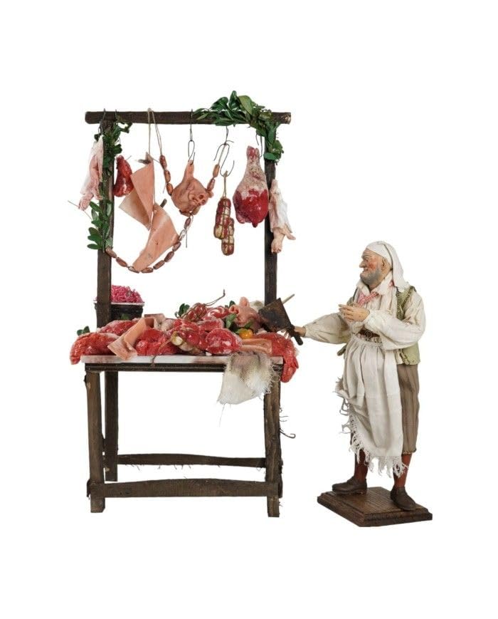 Chianese Banco Macellaio in Legno con Pezzi di Carne in Cera – Lavorato e Dipinto a Mano – Adatto per Statuine di 30/35 cm – Dimensioni 24x16x48 cm – Statuetta Esclusa