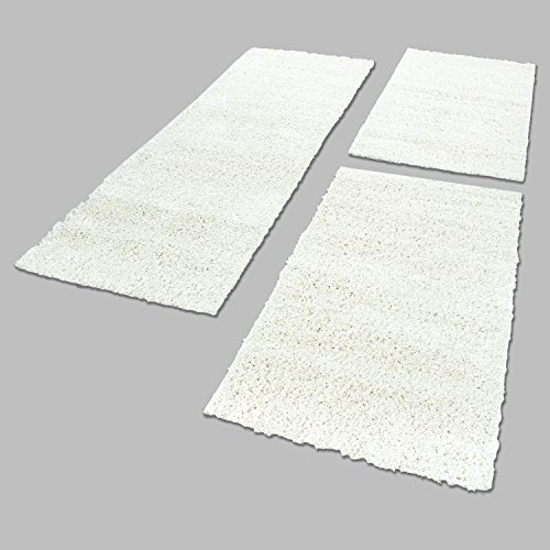 Teppich Bettumrandung Läufer Set Hochflor Shaggy Teppich einfarbig Wohnzimmer, Farbe:Creme, BettSet:2 x 60x110 cm + 1 x 80x150 cm Cover