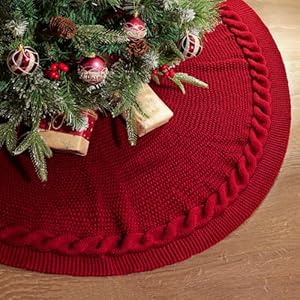 LimBridge Knitted Christmas Tree Skirt 48 Inches Wine Red Tree Skirt Chunky Cable Knit Thick Rustic Christmas Tree Decorations Farmhouse Christmas Decor Xmas Holiday Home Party Decorations