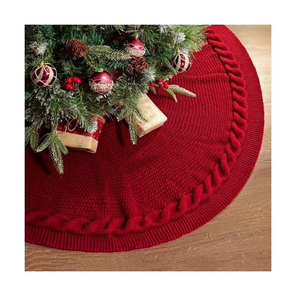 Limbridge knitted christmas tree skirt 48 inches wine red tree skirt chunky cable knit thick rustic christmas tree decorations farmhouse christmas decor xmas holiday home party decorations  urban country home decor