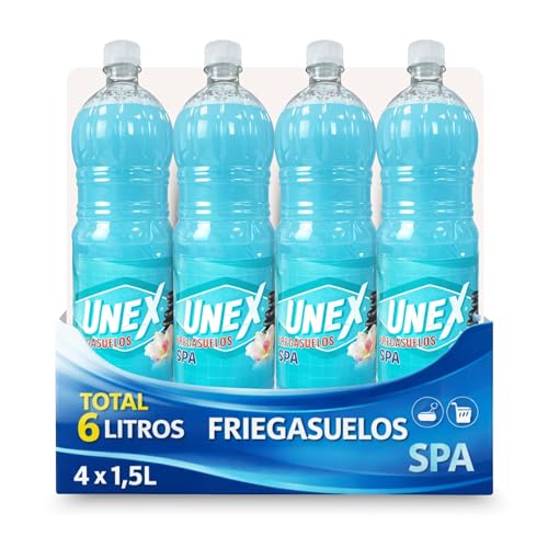 Friegasuelos aroma SPA, Limpiador de suelos olor a SPA, Con un perfume intenso y duradero, Combate malos olores, ideal para conseguir un suelo reluciente y no dejar huellas, 4 botellas de 1.50 Litros