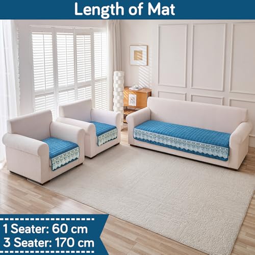 Image of HOKIPO 'BelleLace Series' 5 Seater Sofa Cover Mat in 3+1+1 Configuration | Imperial Milk Velvet with Lace Design | Celadon Blue (AR-5966+5962 * 2-BL)