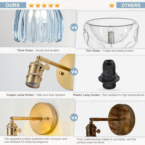 Image of Hardwired Wall Sconce Light, Vintage Wall Sconce with Switch, Gold Wall Light Fixture with Tulip Denim Blue Glass Lampshade, Indoor Wall Light for Bedroom Bathroom, Bedside Wall Lamp