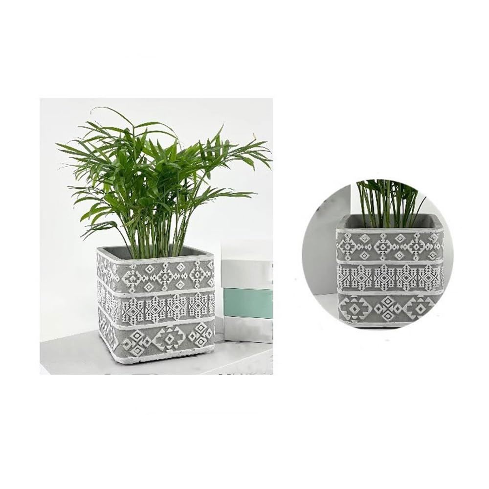 vasi per piante Vaso da fiori di forma quadrata con fori di drenaggio, vaso for piante in cemento con motivo in rilievo bianco sfondo grigio, for balcone soggiorno camera da letto Vasetti Per Piantine