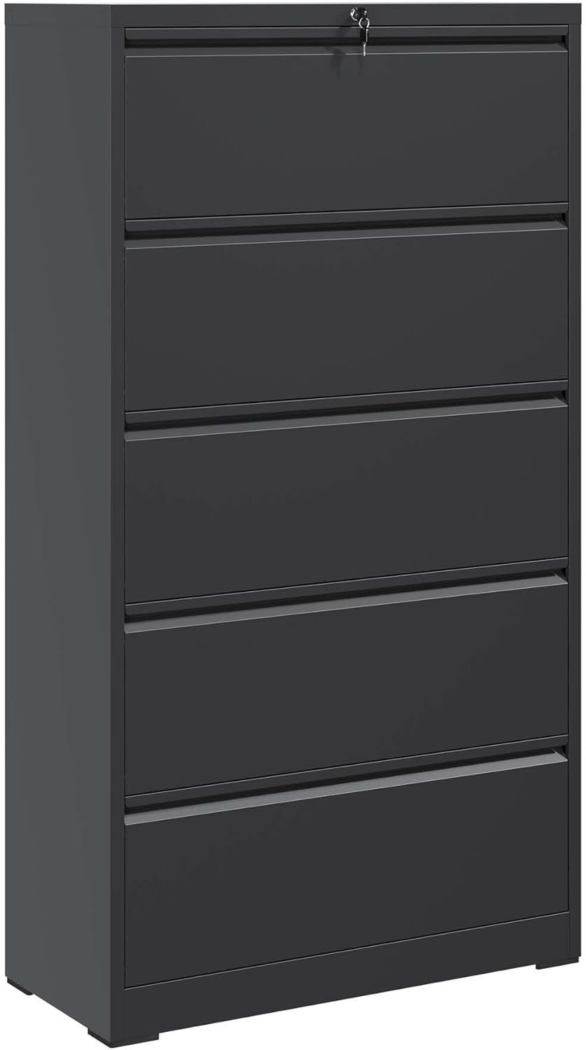 5 Drawer Vertical File Cabinet with Lock, Metal Lateral Filing Cabinet with Hanging Letter/Legal/A4 Folders, Locking Steel Cabinet for Home, Office, Assembly Required - Black