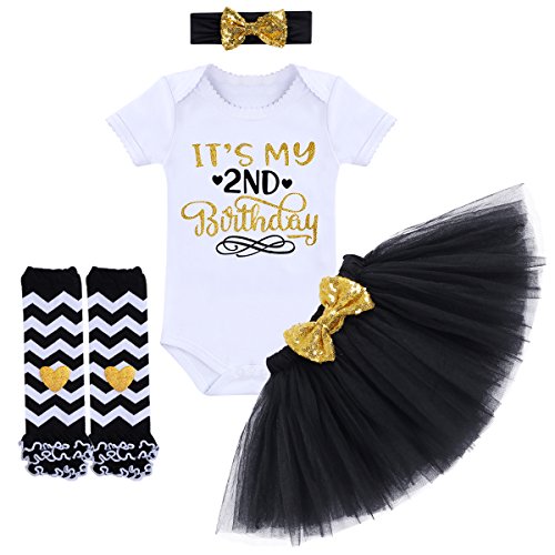 ODIZLI Baby Girls My 2nd Birthday Cake Smash Outfits Short Sleeve Romper Tutu Skirt+Sequin Headband+Leg Warmers