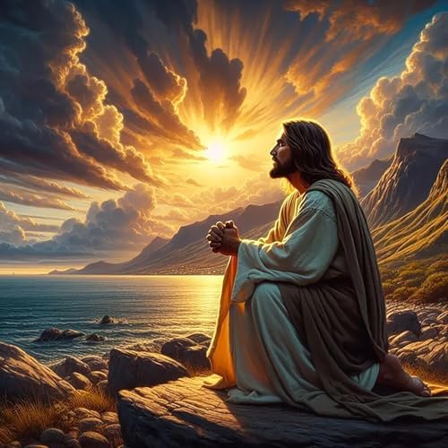 YQFCZDQ Jesus Christ Prayer Diamond Art Kits for Adults,Sunset Landscape 5D Diamond Painting Kits for Beginner,DIY Round Full Drill Diamond Dots Paintings Picture Gem Art&Crafts Home Decor 13.8x13.8in