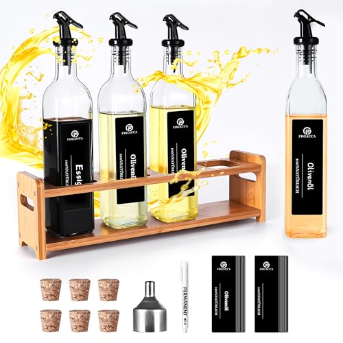 SAEIV Juego Aceite y Vinagre Cocina De 4 Piezas Con 4 Botellas Cristal 500ml, 1 Portabotellas, un Ligero y Práctico Juego de Aceite y Vinagre