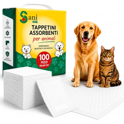 Traverse Assorbenti per Cani 60x60 - 100 Pezzi - Tappetini Igienici Adesivi Extra Assorbenti per Cani e Gatti - Fondo Impermeabile - Antiodore - SANI PET
