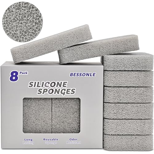BESSONLE 8 Pack Silicone Scrubbing Sponges Heavy-Duty Non-Scratch Kitchen Sponges - Reusable Odor-Free Perfect as Cleaning for Dishes Non-Stick Countertops (Grey)