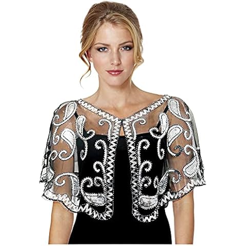keland Women's Sparkling 1920s Cape Sequin Beaded Evening Shawl Bolero Bridal Wraps (C-Black&Silver) Cover