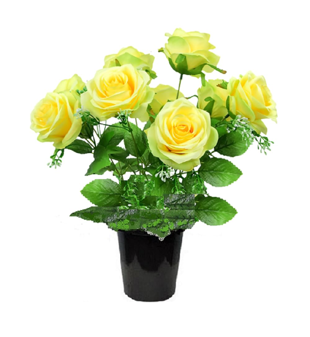 Maxjam Yellow Grave Crem Pot Artificial Arrangement Lemon Roses For Graveside Cemetery Crematorium Memorial Vase Insert Gift For Mother's Day Birthday